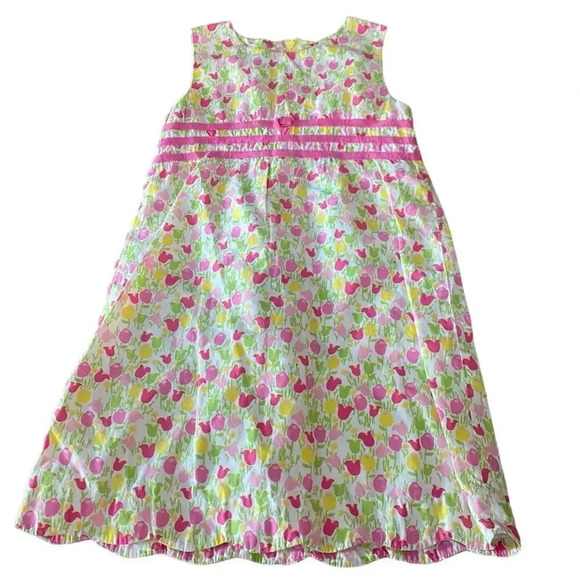Lilly Pulitzer Girls Pink Tip Toe Tulip Print Scalloped Shift Dress Size 5 - Picture 1 of 5